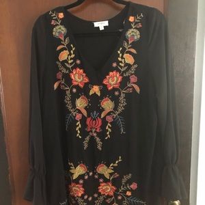 Black Tunic Dress with Floral Embroidered Pattern